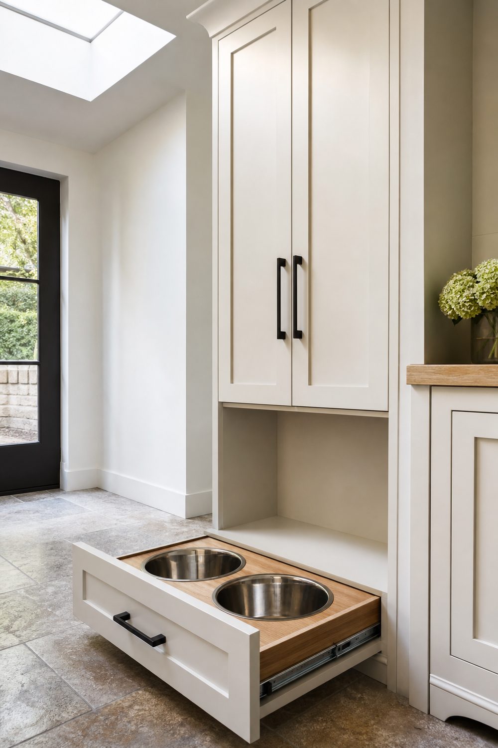 Dog feeding station with raised stainless bowls in a pull out drawer below a white storage cabinet