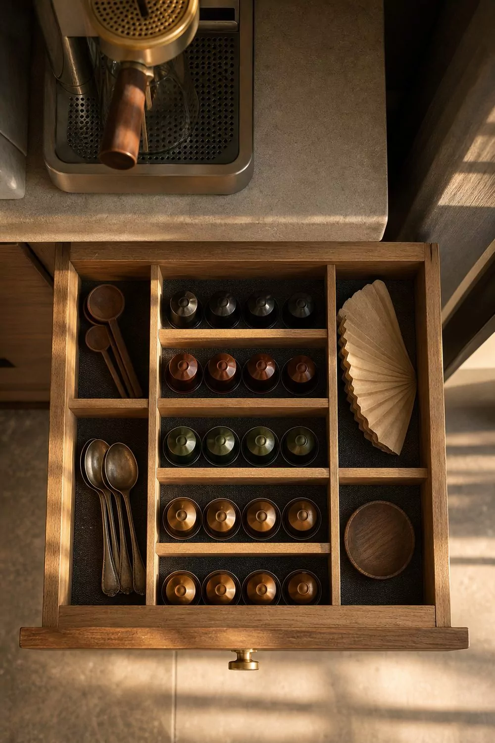 Overhead view of a drawer coffee station organizer with wood dividers holding paper filters, spoons, and pods