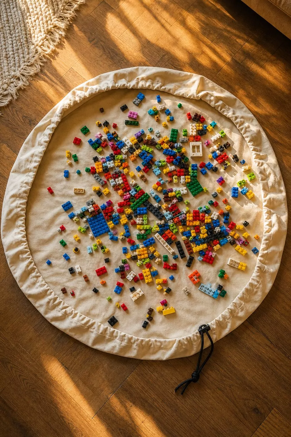 Round drawstring play mat spread on a living room floor covered with colorful building bricks, cords ready to gather it into a carry bag