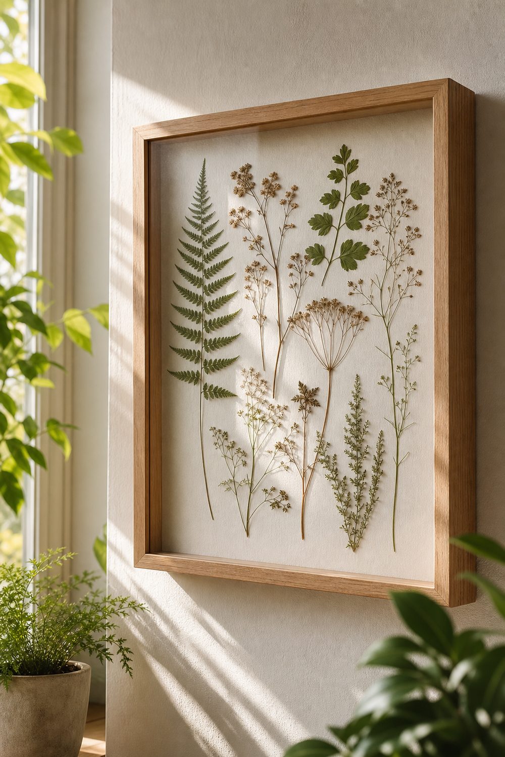 Dried flower shadow box with pressed ferns and botanical stems on off-white paper in a slim natural oak frame
