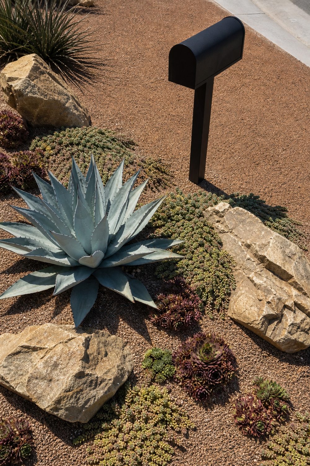Drought tolerant succulent bed around a mailbox post with agave, sedum and decomposed granite gravel
