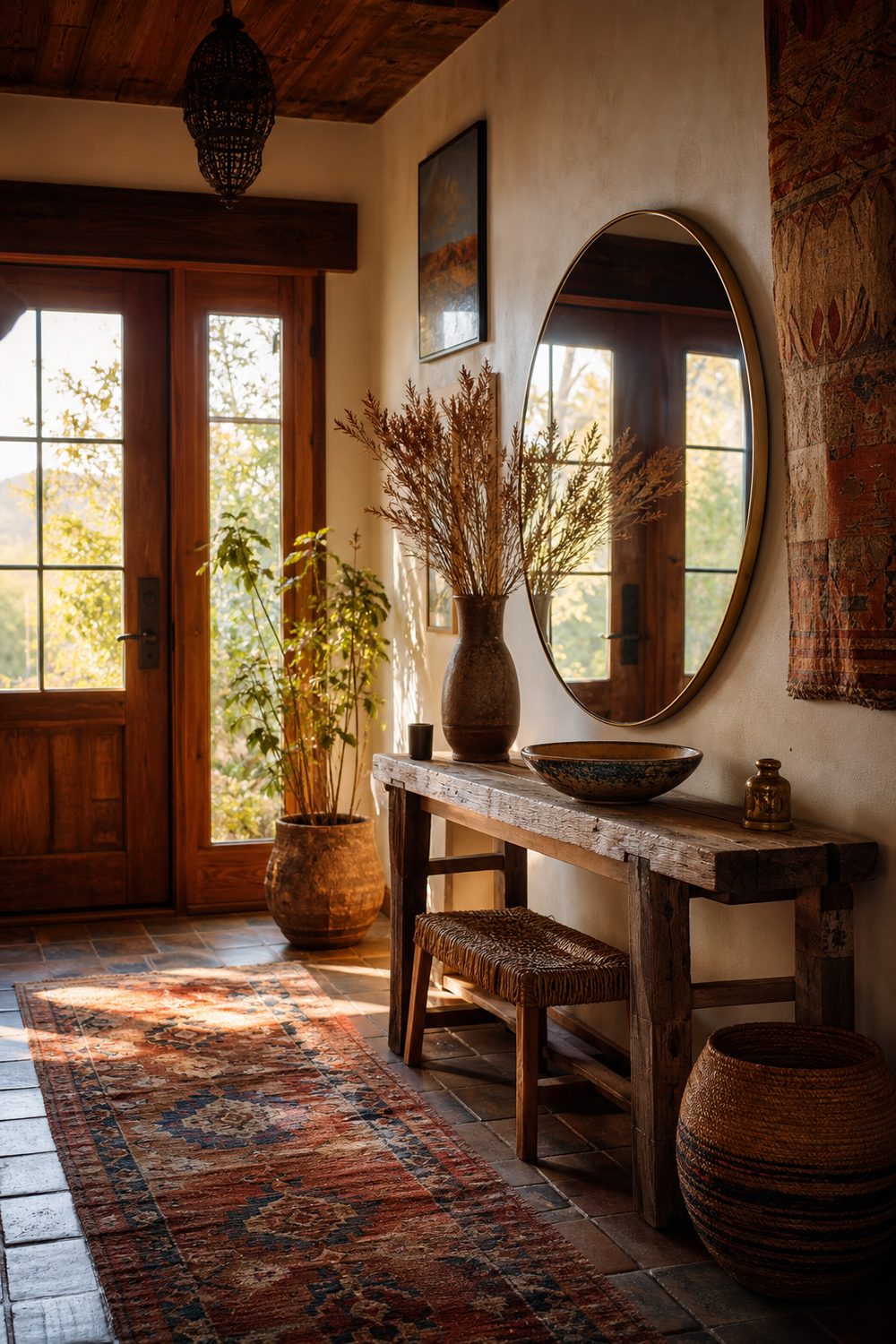 Eclectic bohemian entryway with a slim reclaimed-wood console, round mirror, catchall bowl, and a rust-and-blue runner