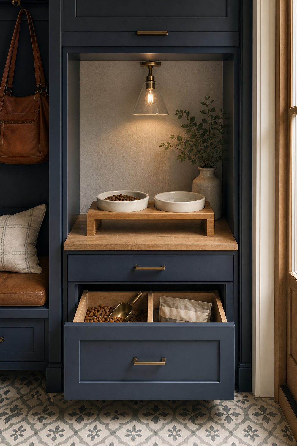 Elevated cat feeding station nook in navy mudroom cabinetry with raised ceramic bowls on a bamboo stand