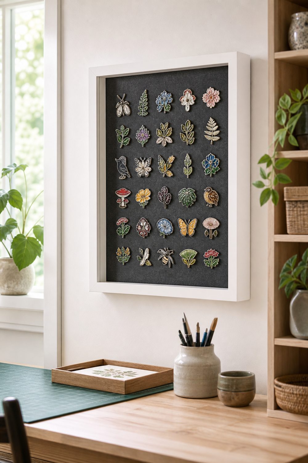 Enamel pin shadow box with rows of colorful pins and metal badges arranged in a grid on charcoal felt in a white frame