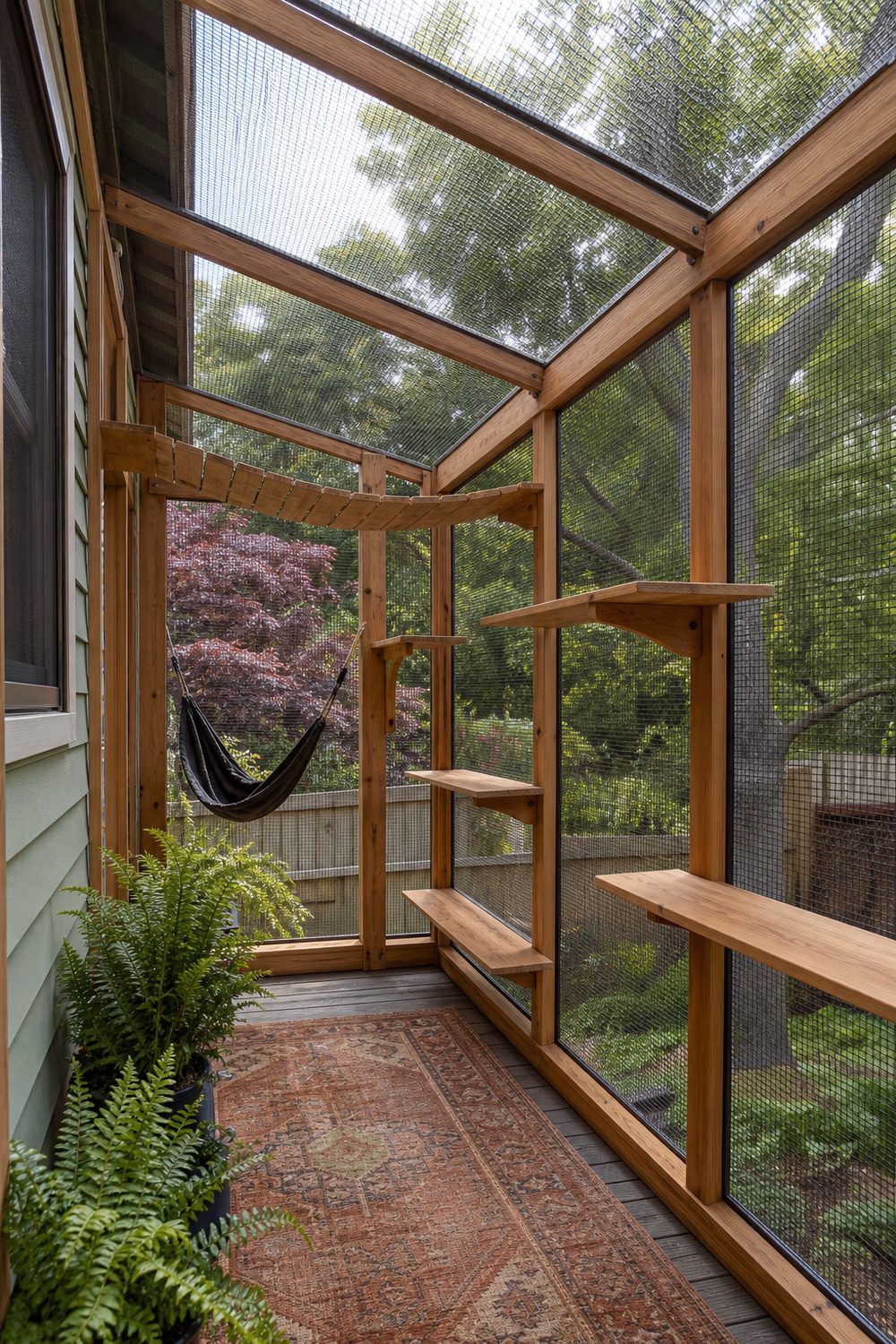 Cedar framed enclosed catio sunroom with pet mesh screening, climbing shelves, hammock and terracotta outdoor rug