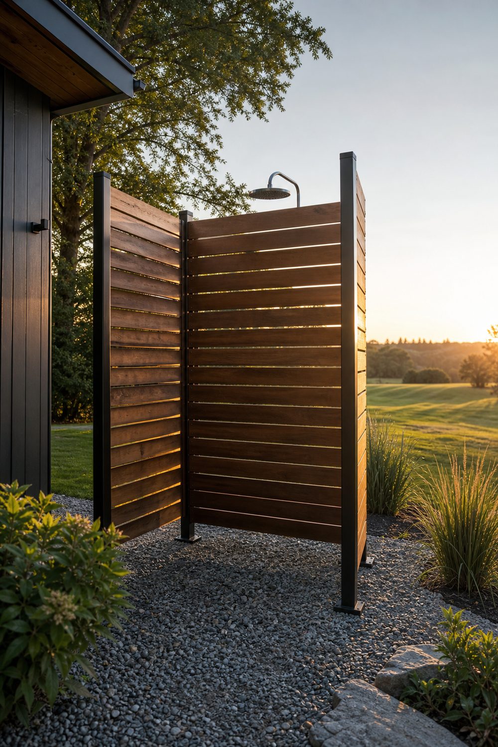 Enclosed privacy outdoor shower with a three-sided slatted wood screen and black metal posts in a side yard, warm golden-hour light
