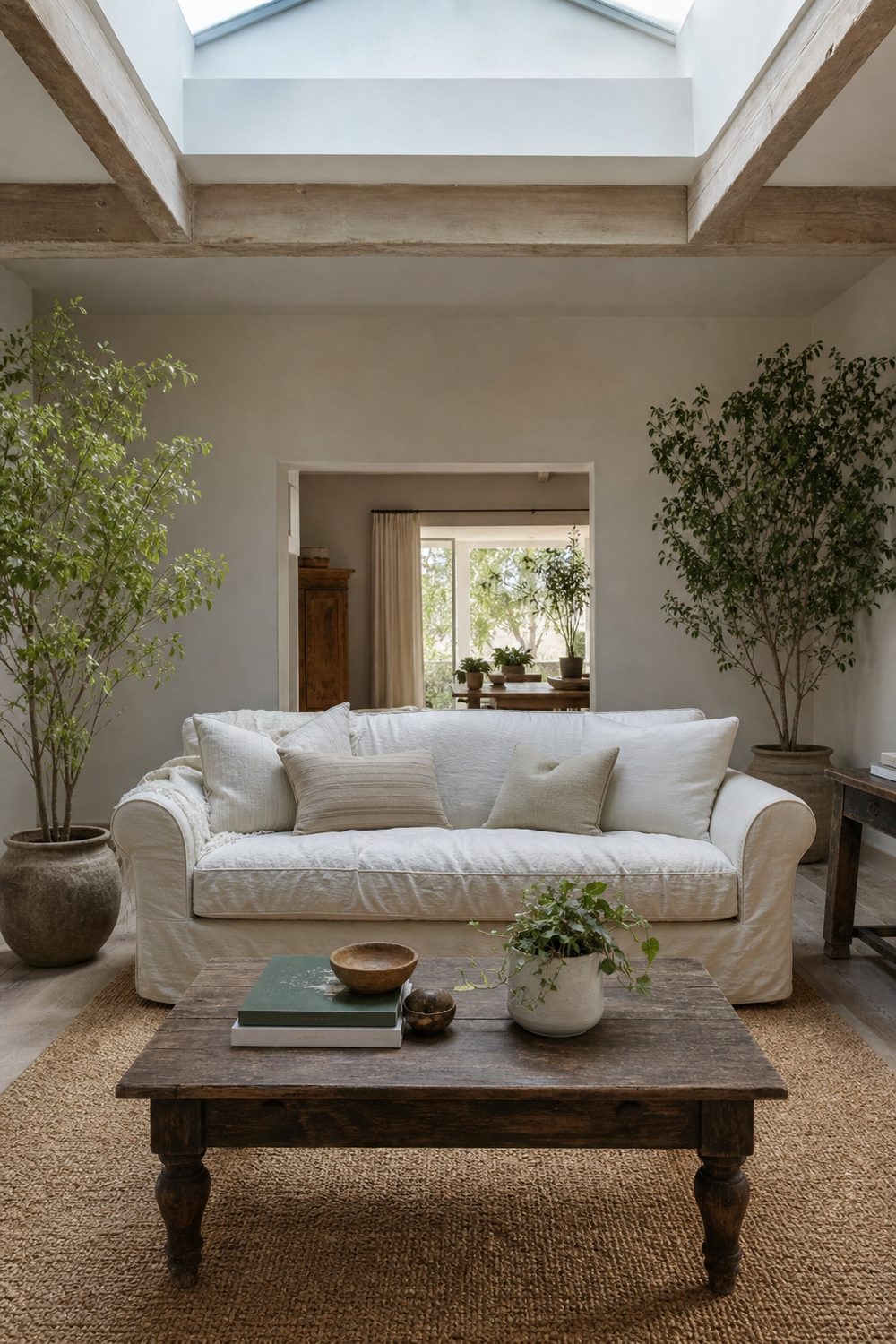 White slipcovered English rolled arm sofa with soft forward-curving arms in a sunlit casual family room