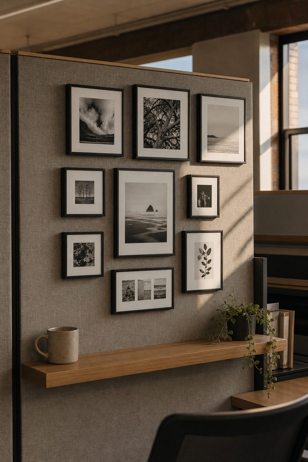 Linen fabric cubicle panel with a grid of small black and white framed photos above a wood shelf with a mug and plant