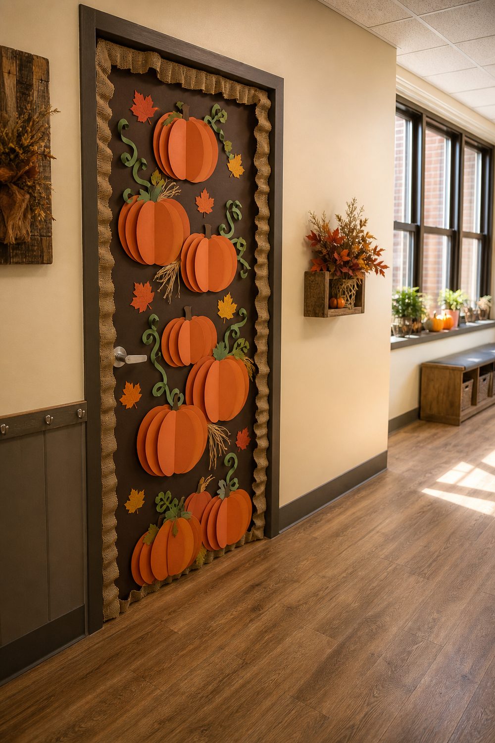 Fall classroom door with layered orange paper pumpkins, green vines, and burlap ribbon border on chocolate brown background
