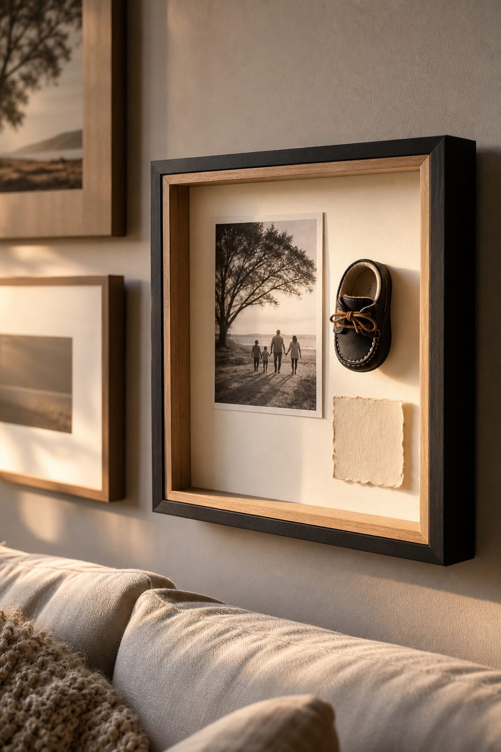 Family photo shadow box with a black-and-white photo, a first shoe and a handwritten note on an ivory mat in a wood frame