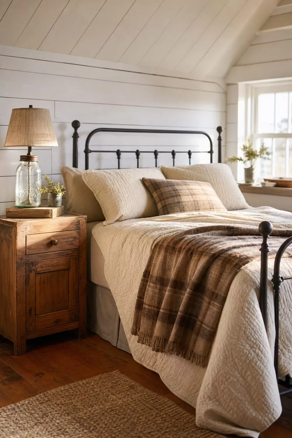 Farmhouse attic bedroom with painted white shiplap walls, black wrought iron bed, quilted cream bedding and a rustic wood nightstand
