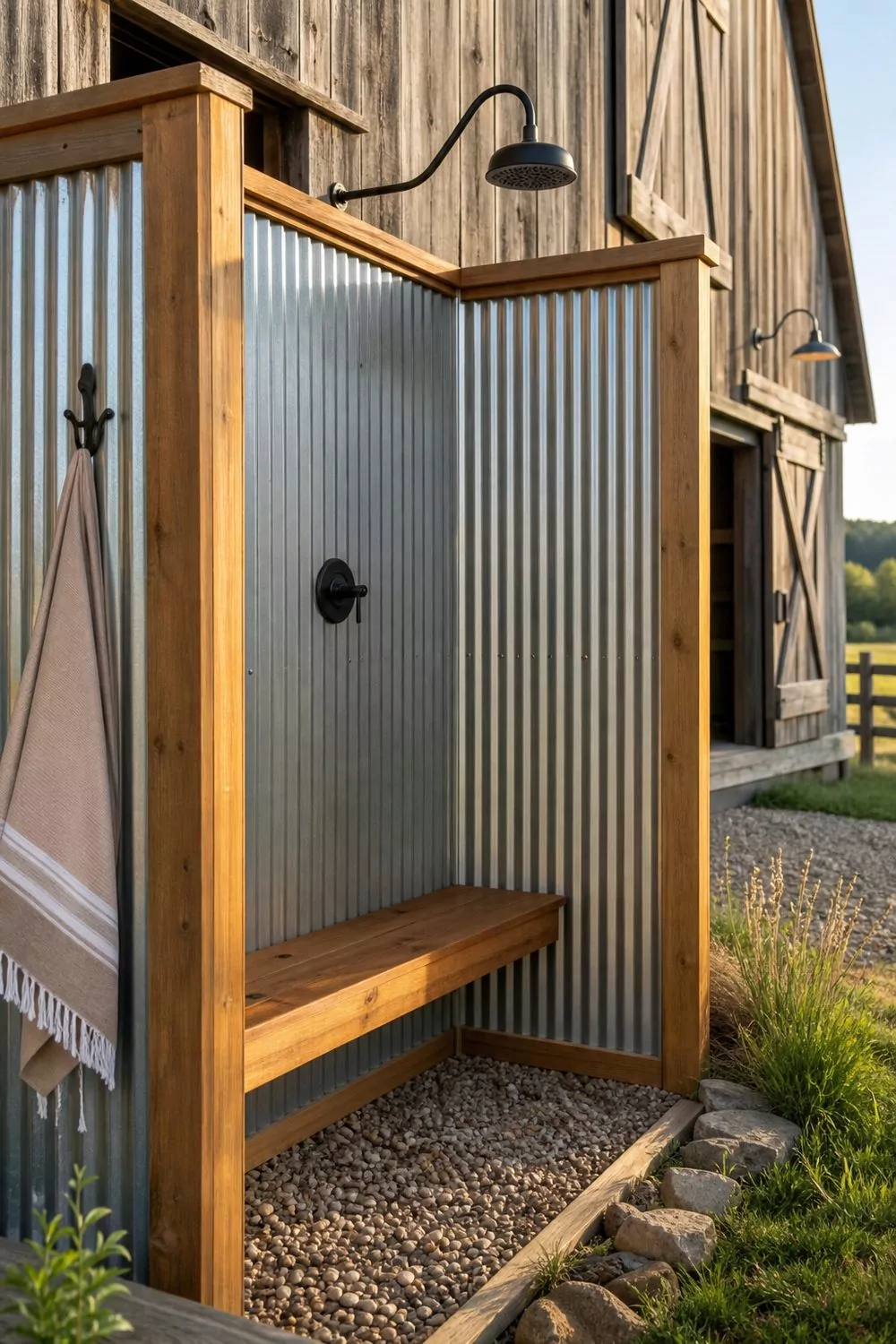 Farmhouse outdoor shower clad in galvanized corrugated metal with wood trim, matte black head and cedar bench by a barn, afternoon light