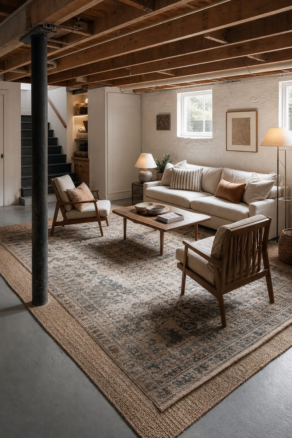 Basement seating lounge defined by a large layered area rug on painted concrete with a linen sofa and wood coffee table
