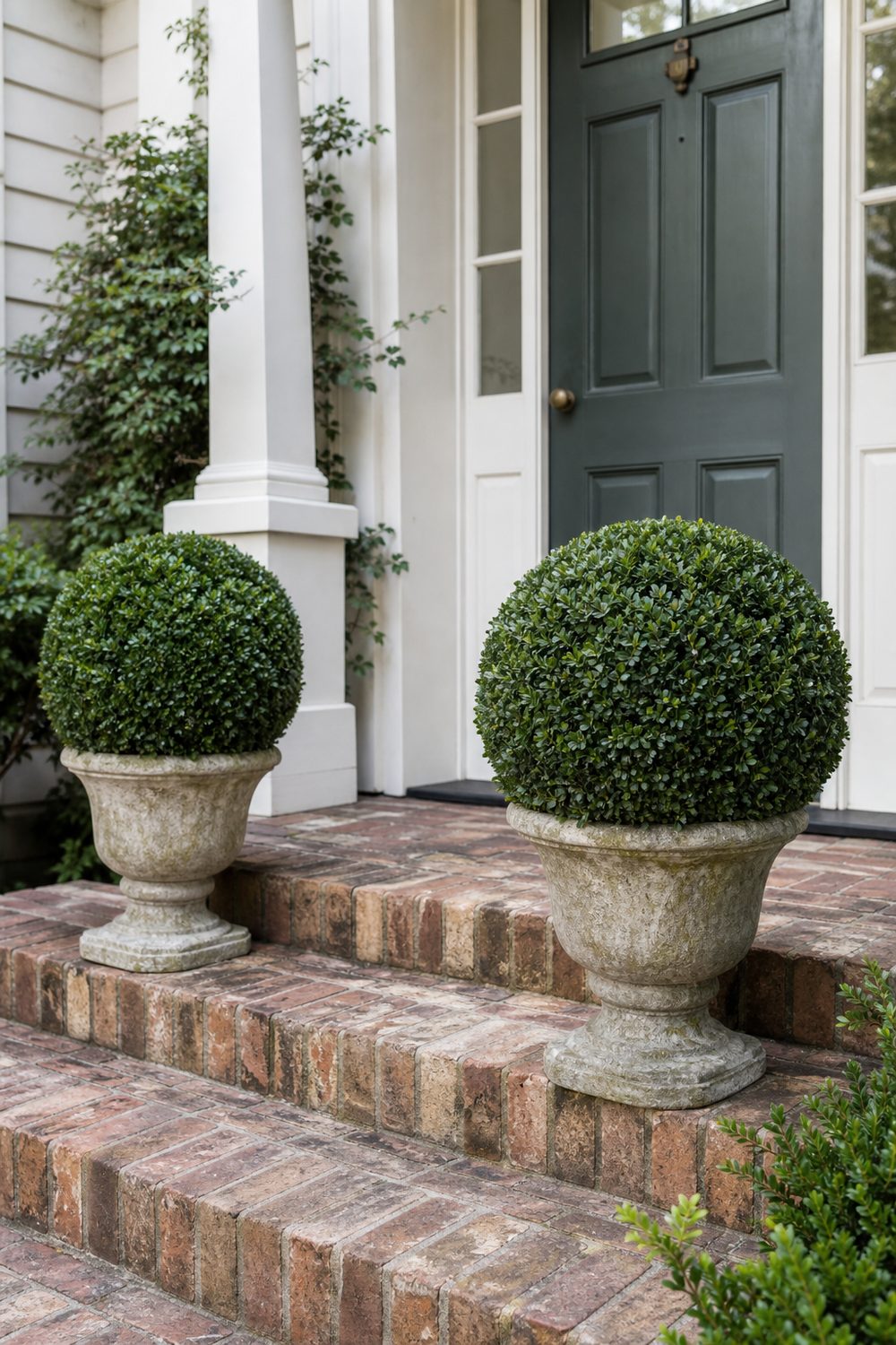 Pair of realistic faux boxwood topiary spheres in weathered stone urns flanking front steps, bright natural midday light