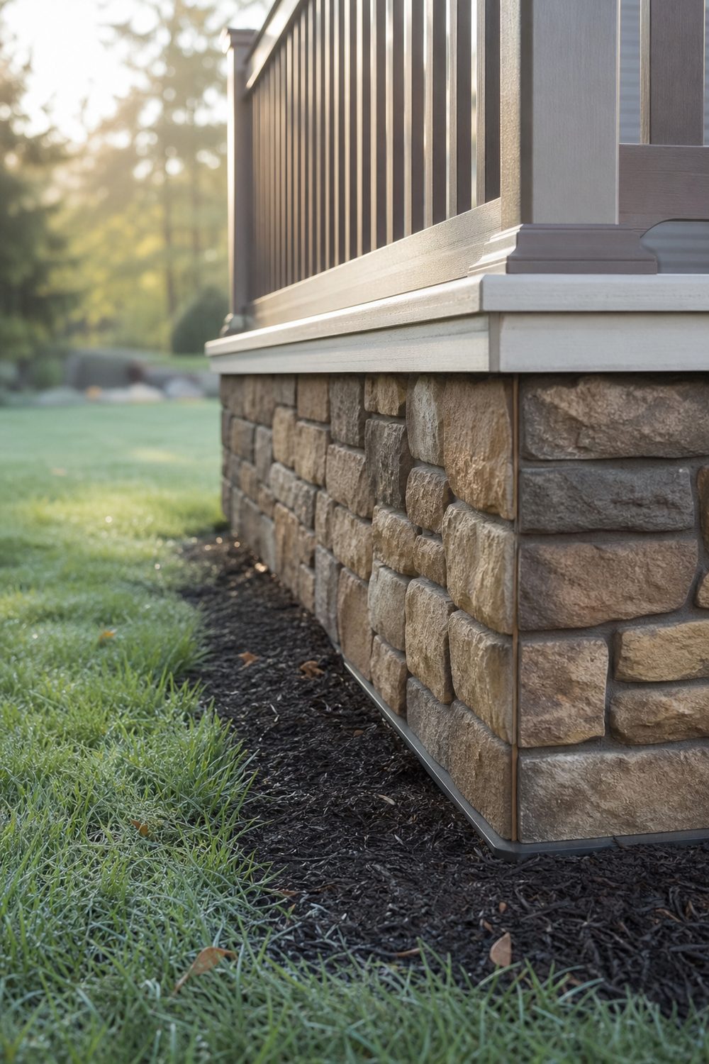 Faux Stone Panel Deck Skirting on a raised backyard deck, cast faux fieldstone panels, soft morning light from the east