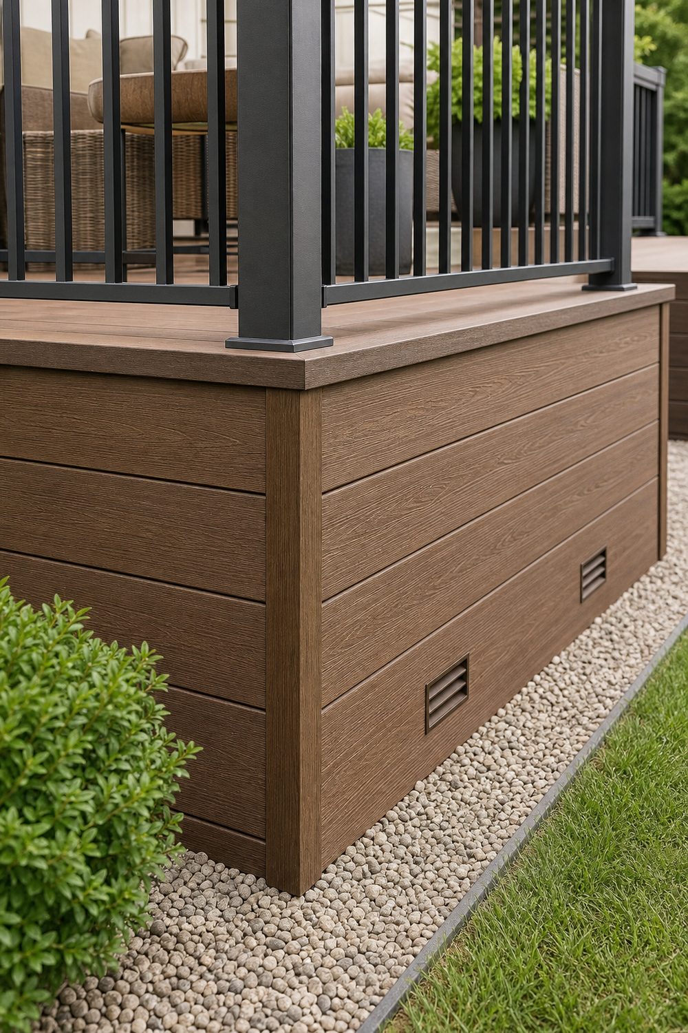 Faux Wood PVC Deck Skirting on a raised backyard deck, faux-wood grain PVC panels, bright midday diffused daylight