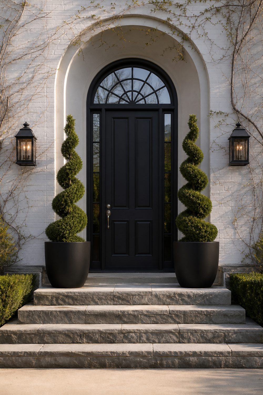 Two matte black planters with evergreen spiral topiary trees flanking a symmetrical front entry with stone steps, soft morning light