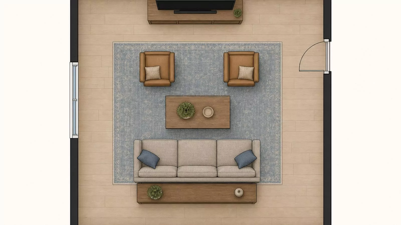 Top-down floor plan diagram of a floated sofa layout with a console table behind the sofa, two chairs facing, coffee table, rug, and TV wall