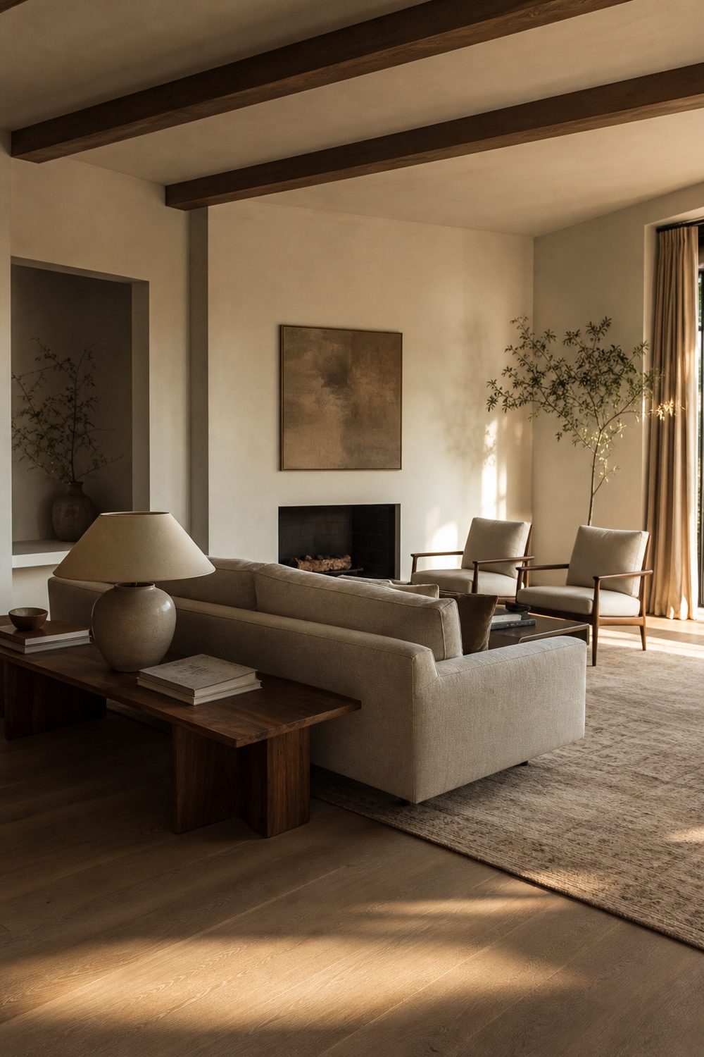 Floating sofa pulled off the wall with a walnut console behind it and a wool rug catching the front legs in an awkward living room layout