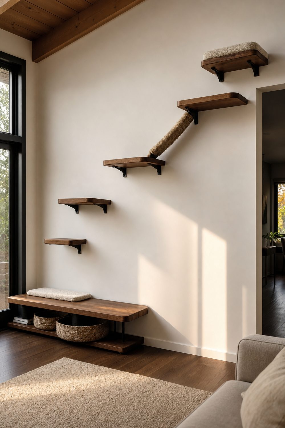 Walnut floating cat wall shelves arranged as a climbing highway on a warm white living room wall with sisal ramp