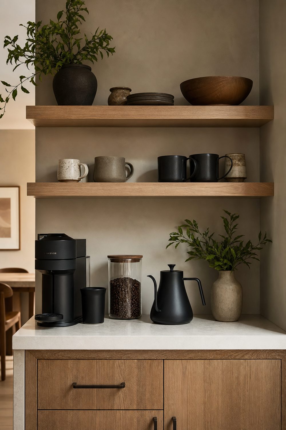 Floating shelf coffee nook with two white oak shelves over a small prep counter holding mugs and a bean jar