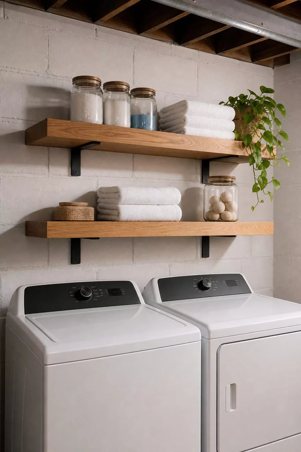 Two oak floating shelves on black brackets above a white washer and dryer, holding glass detergent jars, folded towels and a trailing plant