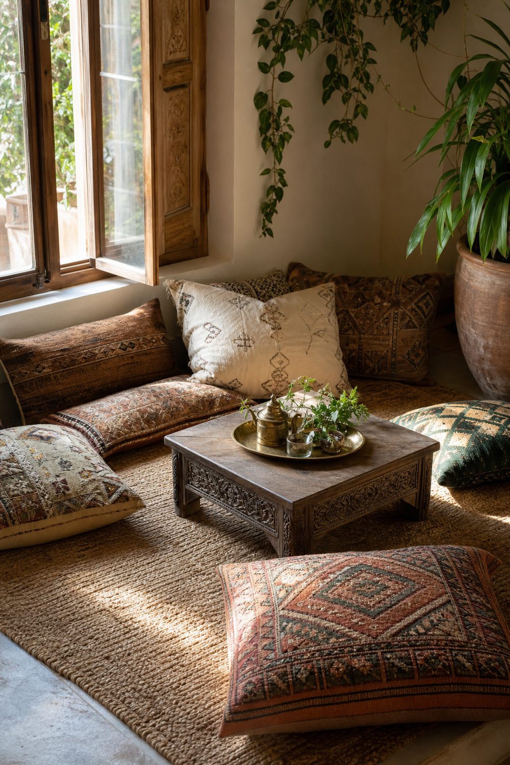 Oversized patterned floor cushions arranged around a low carved wood table on a jute rug in a boho lounge corner