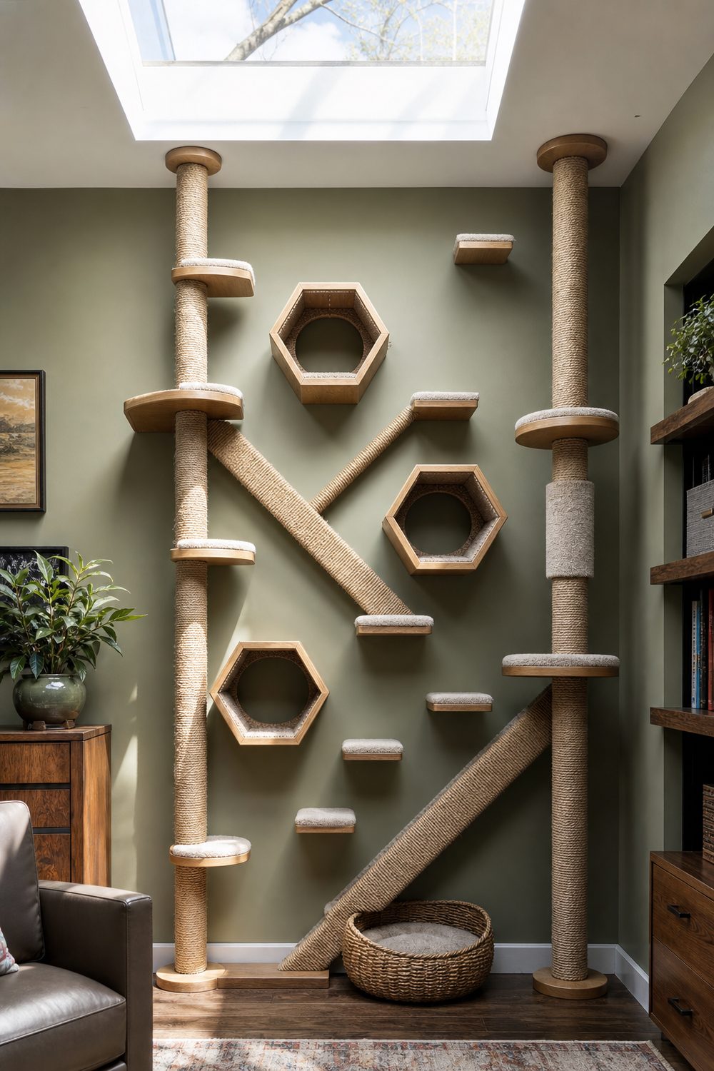 Floor to ceiling cat climbing wall with sisal ramps, hexagon cubbies and platforms against a sage green wall