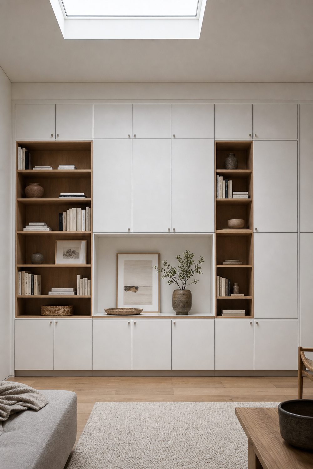Floor to ceiling IKEA storage wall mixing closed white cabinet doors with open oak shelves of books and pottery