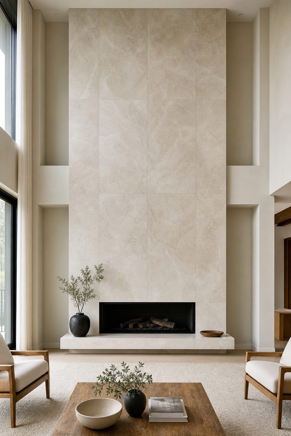 Dramatic floor to ceiling tiled fireplace wall in warm limestone-look porcelain running unbroken from hearth to ceiling