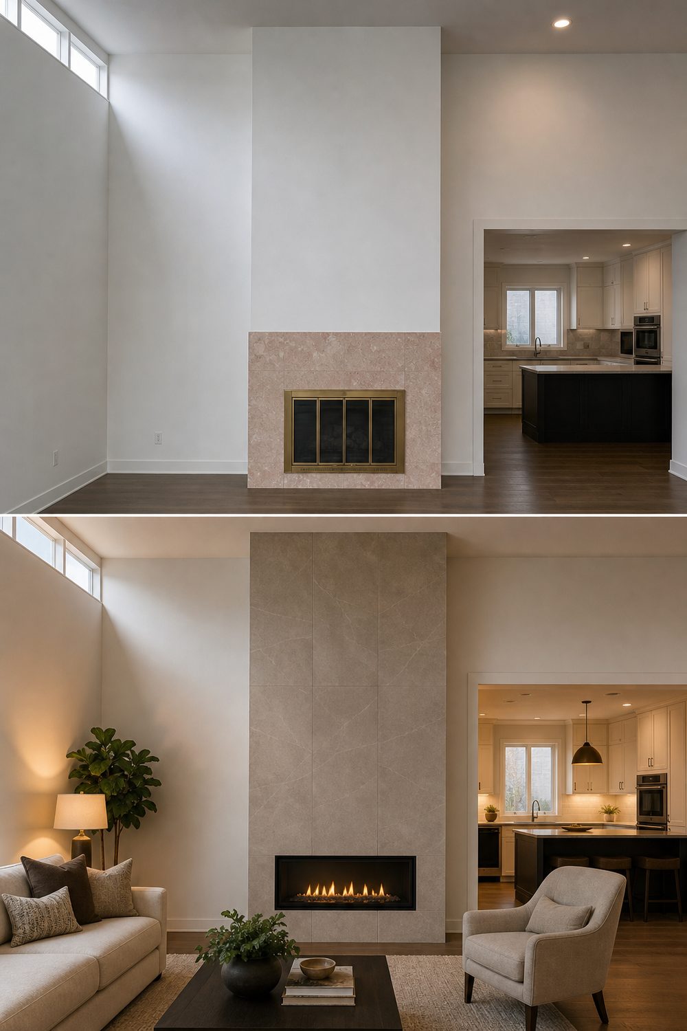 Before and after of a floor to ceiling tile fireplace surround in warm greige porcelain