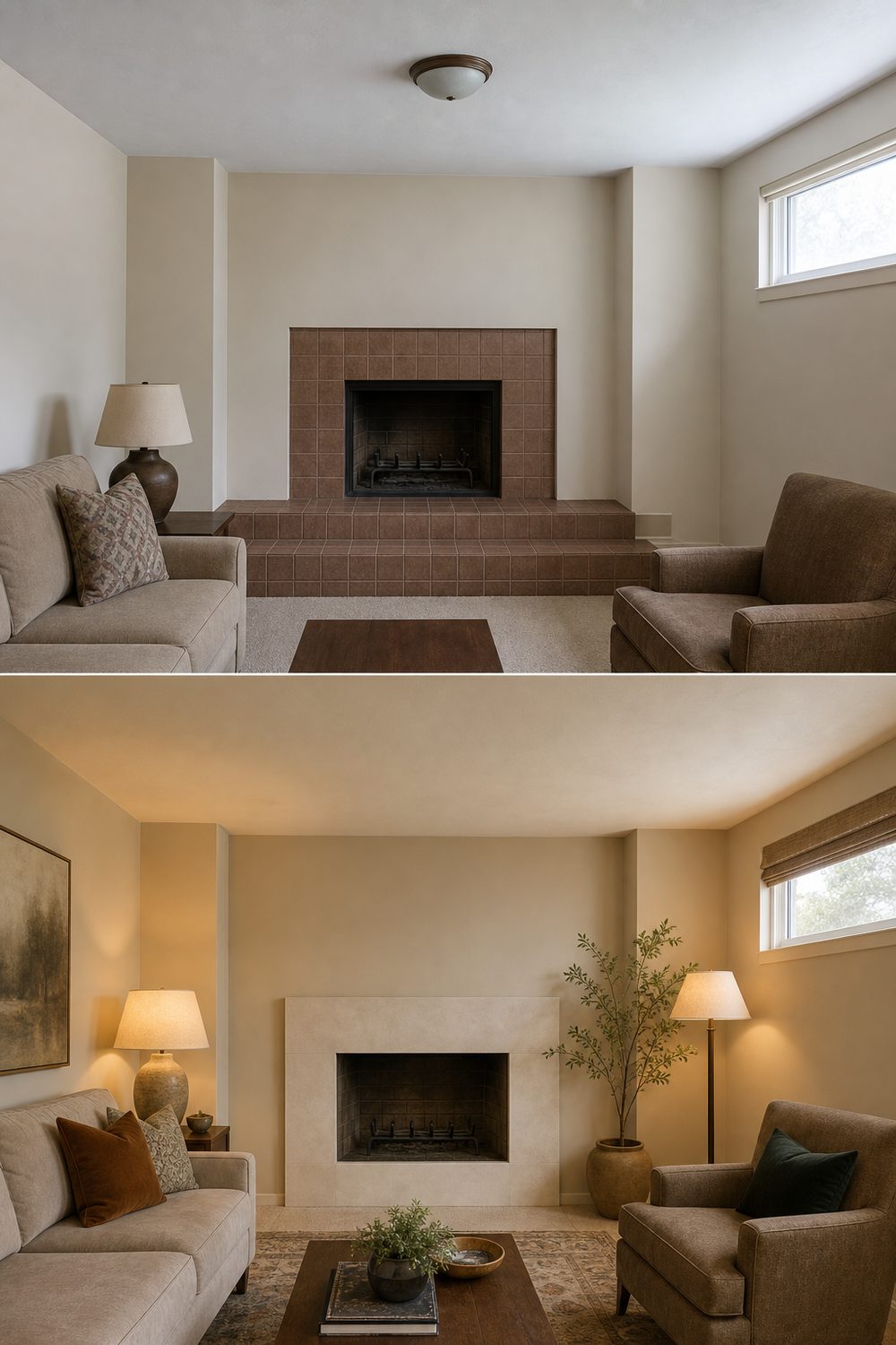 Before and after of a flush hearth removal makeover with the raised hearth taken out