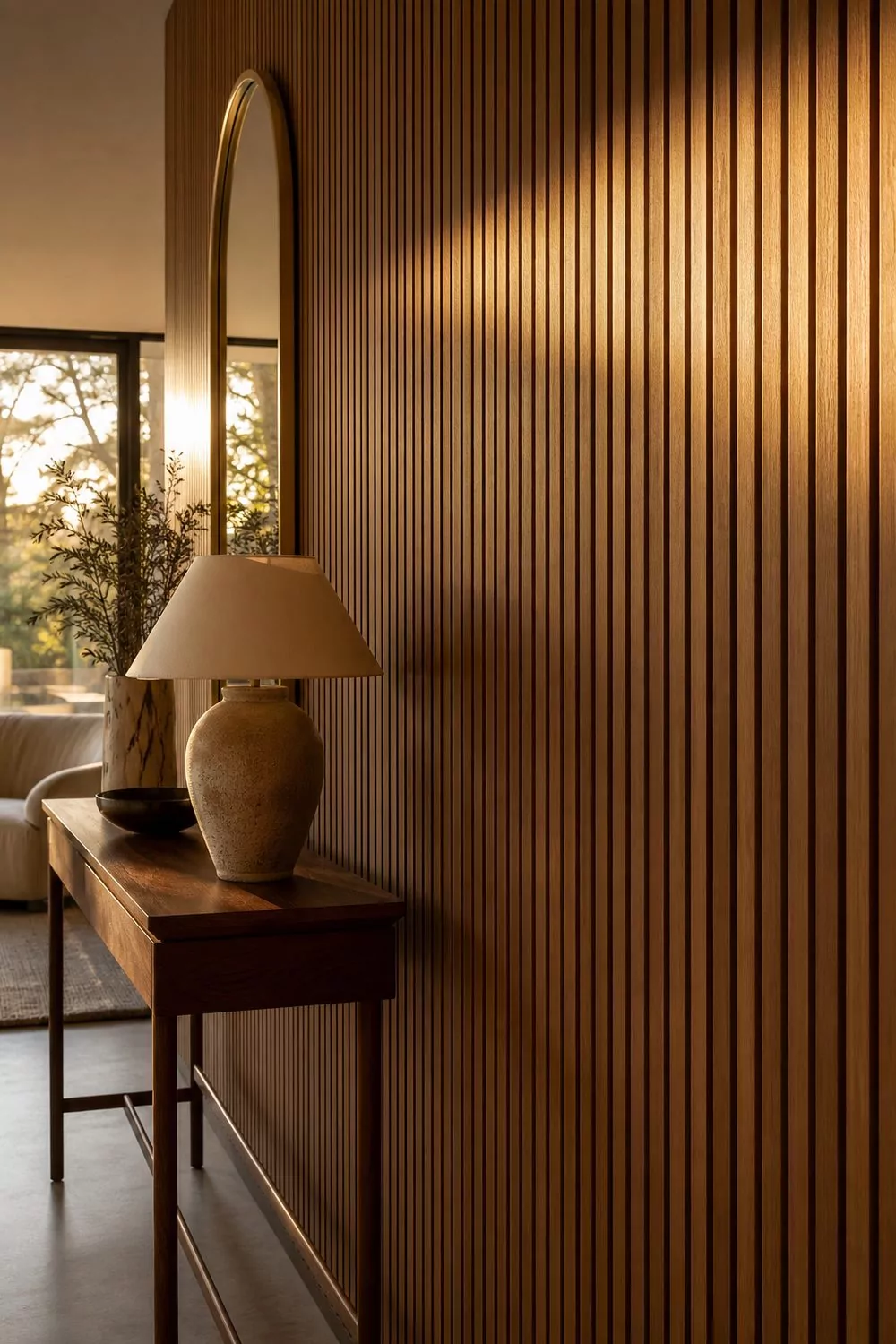 Floor to ceiling fluted oak panel accent wall with ribbed vertical grooves beside a slim walnut console