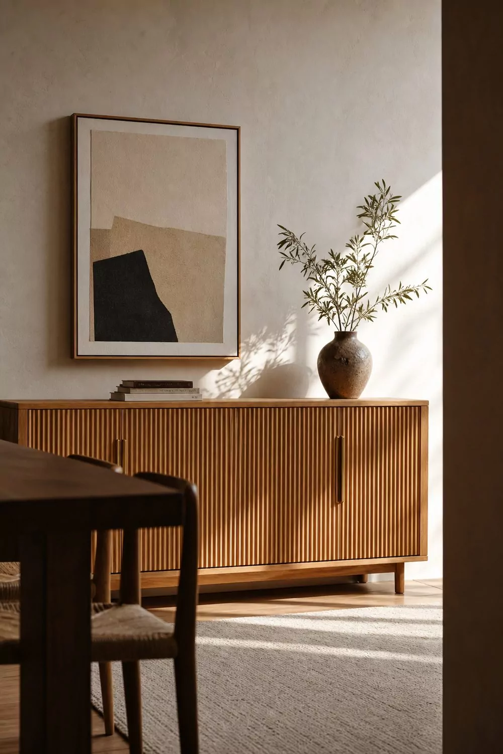 Fluted reeded oak sideboard with vertical ribs and brushed brass bar pulls in a contemporary dining room