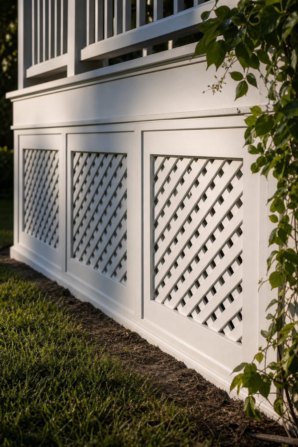 Framed Diagonal Lattice Skirting Panels on a raised backyard deck, white framed diagonal lattice, warm afternoon light from the right