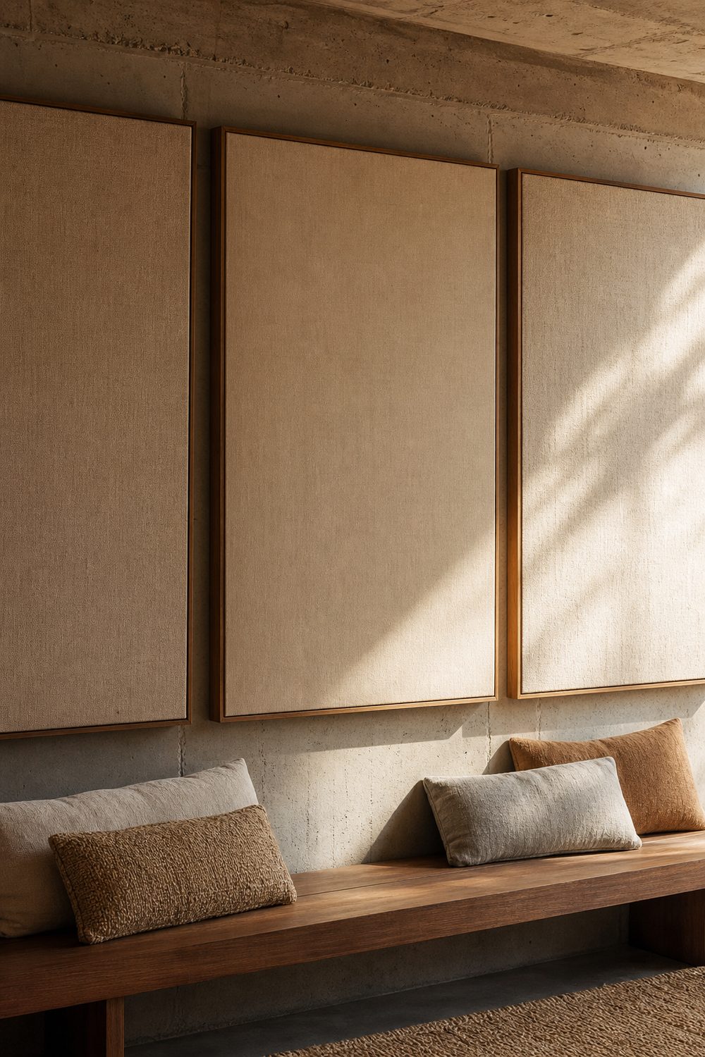 Linen and canvas framed fabric panels mounted over rough concrete in an unfinished basement with a walnut bench