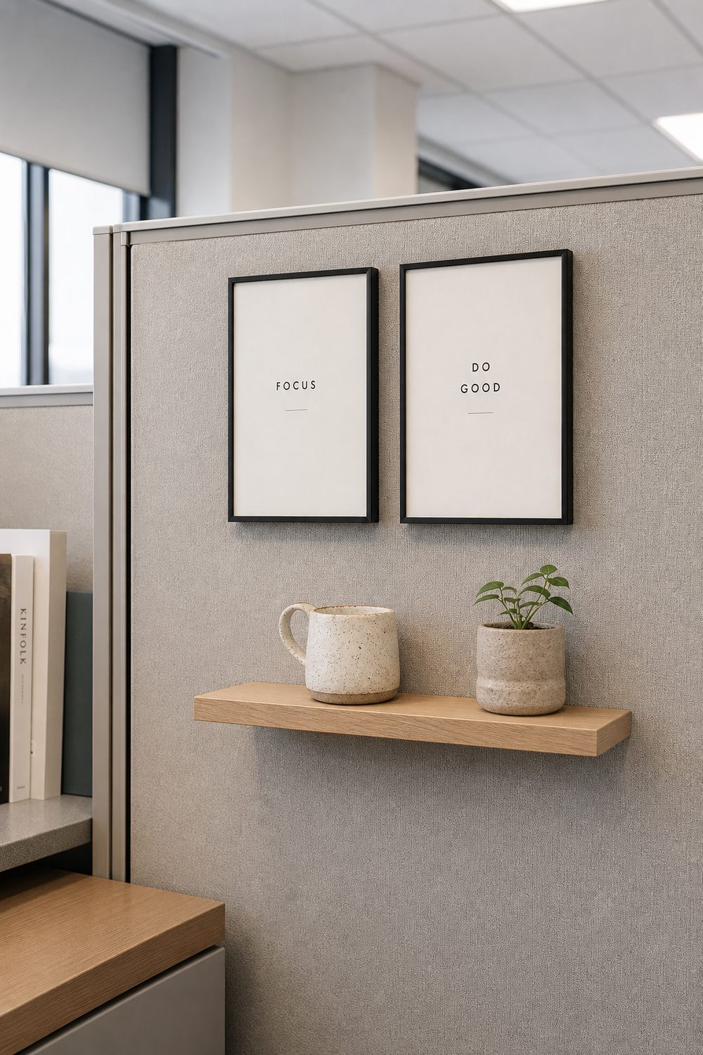 Two small framed typographic quote prints above a slim wood shelf with a mug and tiny plant on a cubicle panel