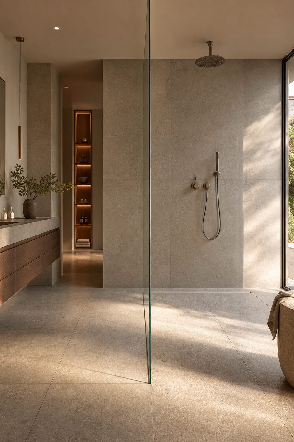 Frameless walk in wet room shower with a single glass panel and curbless tiled floor in a minimalist bathroom