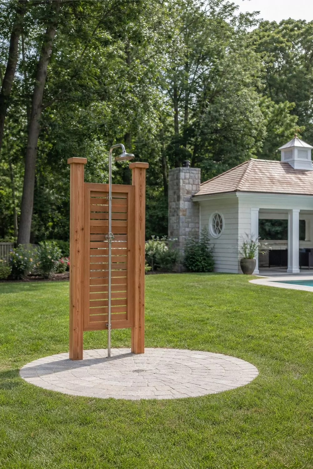Freestanding backyard outdoor shower with a cedar-post frame and exposed steel pipe on a round paver pad in a lawn, bright midday light