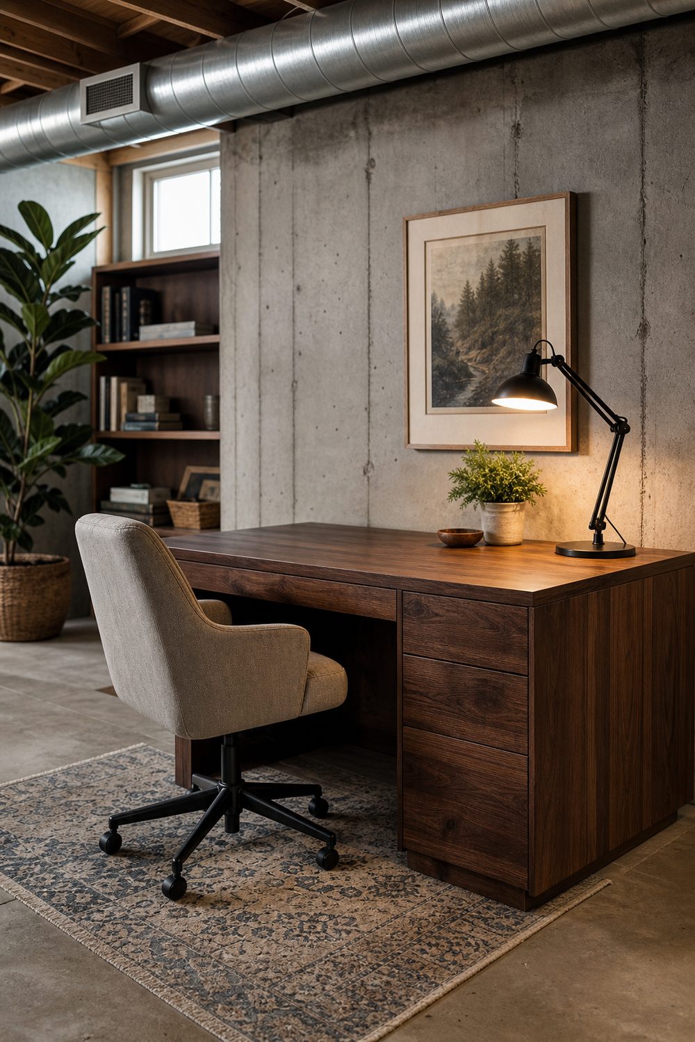 Freestanding basement home office corner with a walnut desk, task lamp and office chair on a small rug beside a duct run