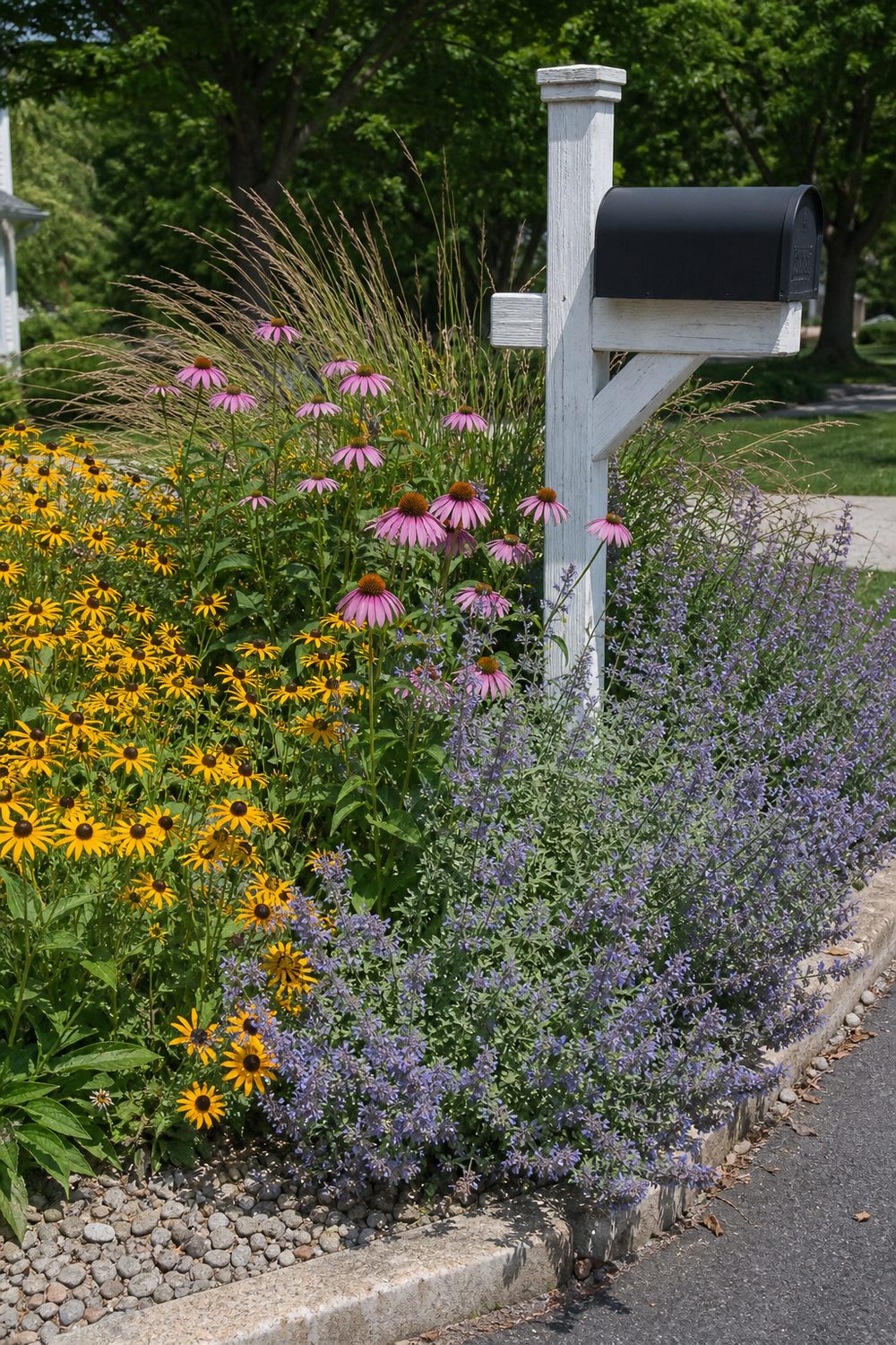 Full sun perennial bed around a white mailbox post with purple coneflower, black eyed Susan and catmint in bloom