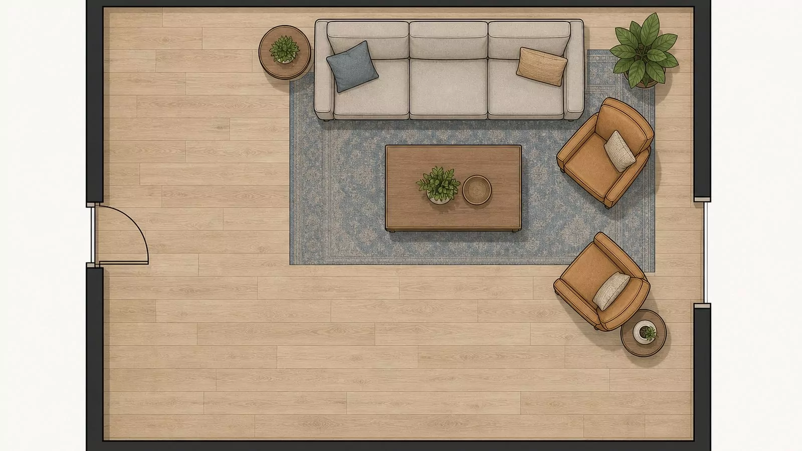 Top-down floor plan diagram with furniture pulled aside to keep a clear walkway aisle running between two doorways