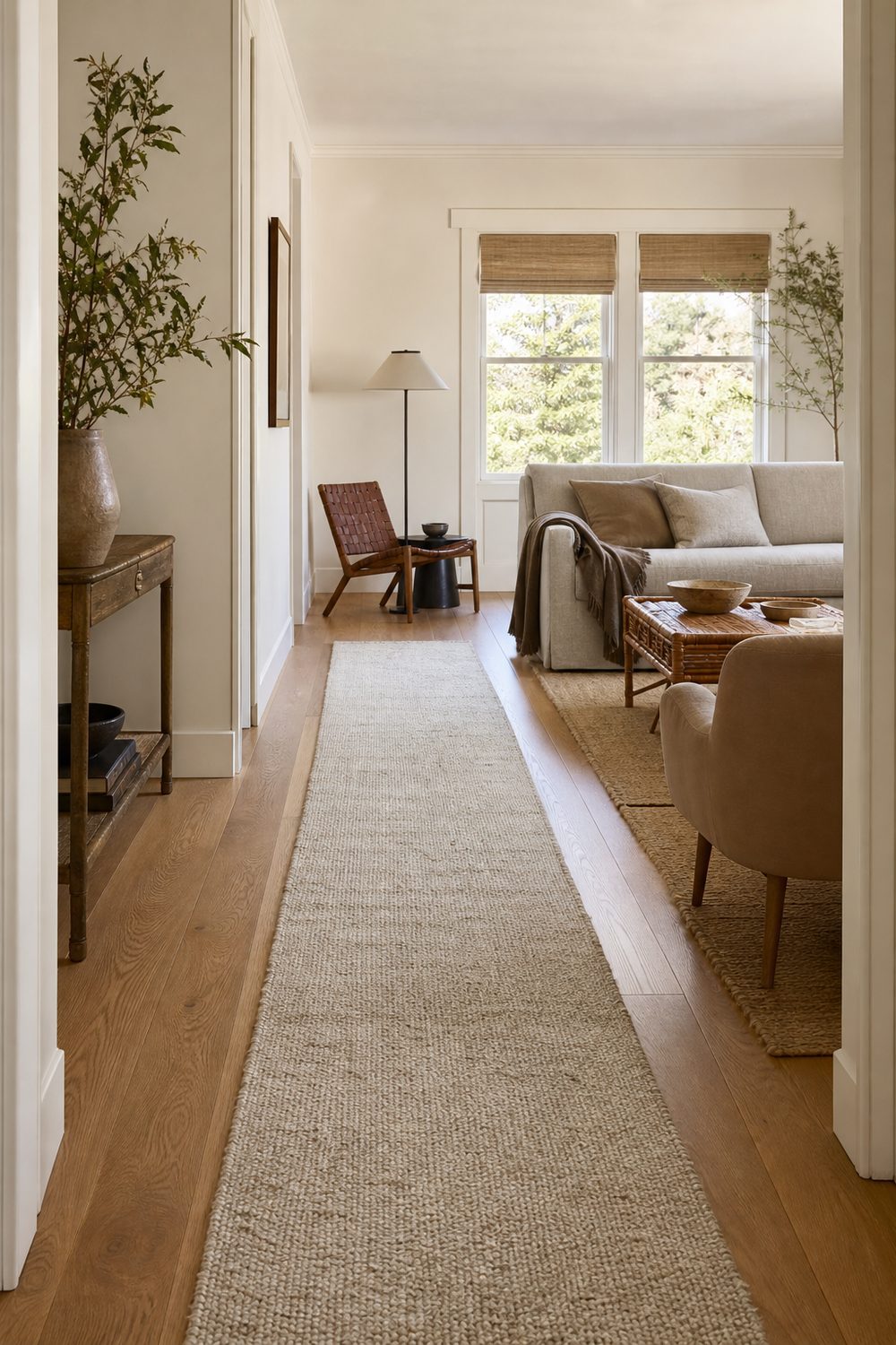 Living room arranged with a clear walkway aisle running through it and furniture pulled back to keep the path open in an awkward layout