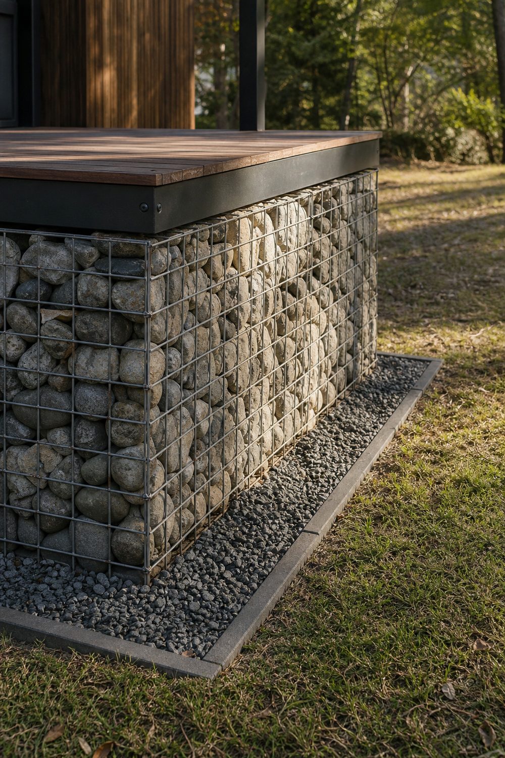 Gabion Rock Cage Deck Skirting on a raised backyard deck, galvanized wire gabion cages, warm afternoon light from the right