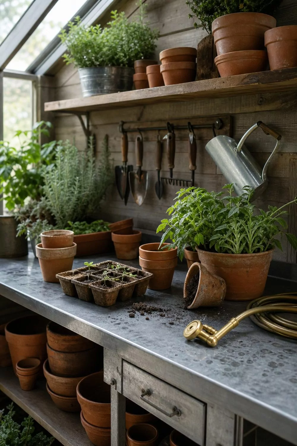 Garden potting she shed with a galvanized metal bench, terracotta pots on cedar shelves, hanging garden tools, and seed trays