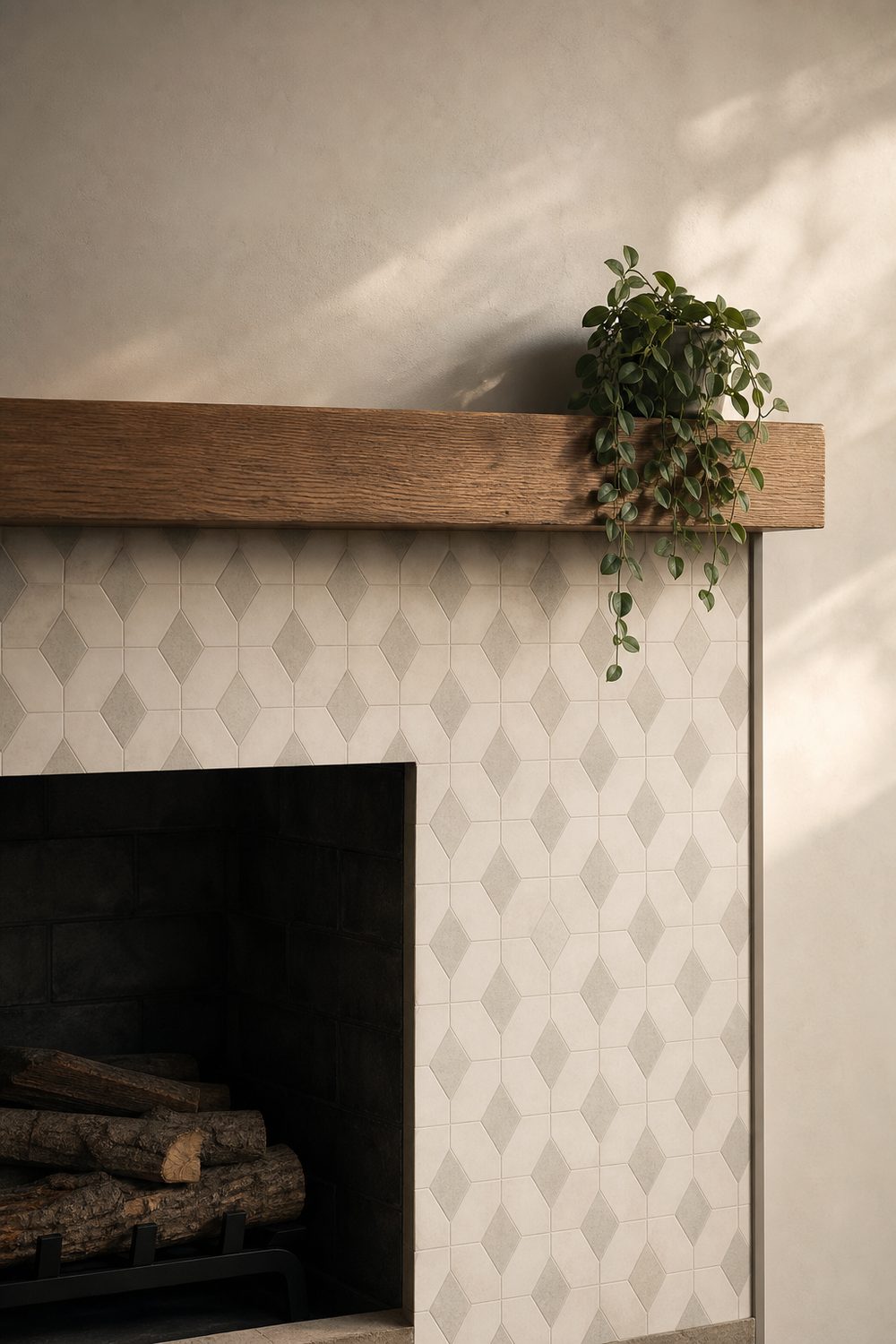 Fireplace surround in a restrained tone-on-tone cream and taupe geometric tile pattern beside a simple wood mantel
