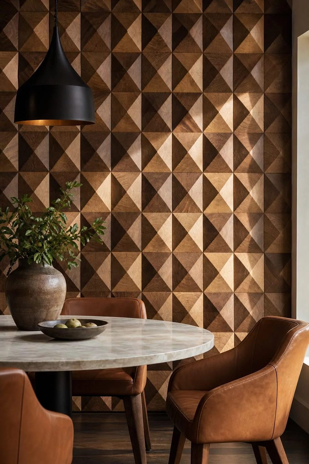 Three-dimensional geometric wood mosaic accent wall of end-grain oak and walnut tiles behind a round marble table