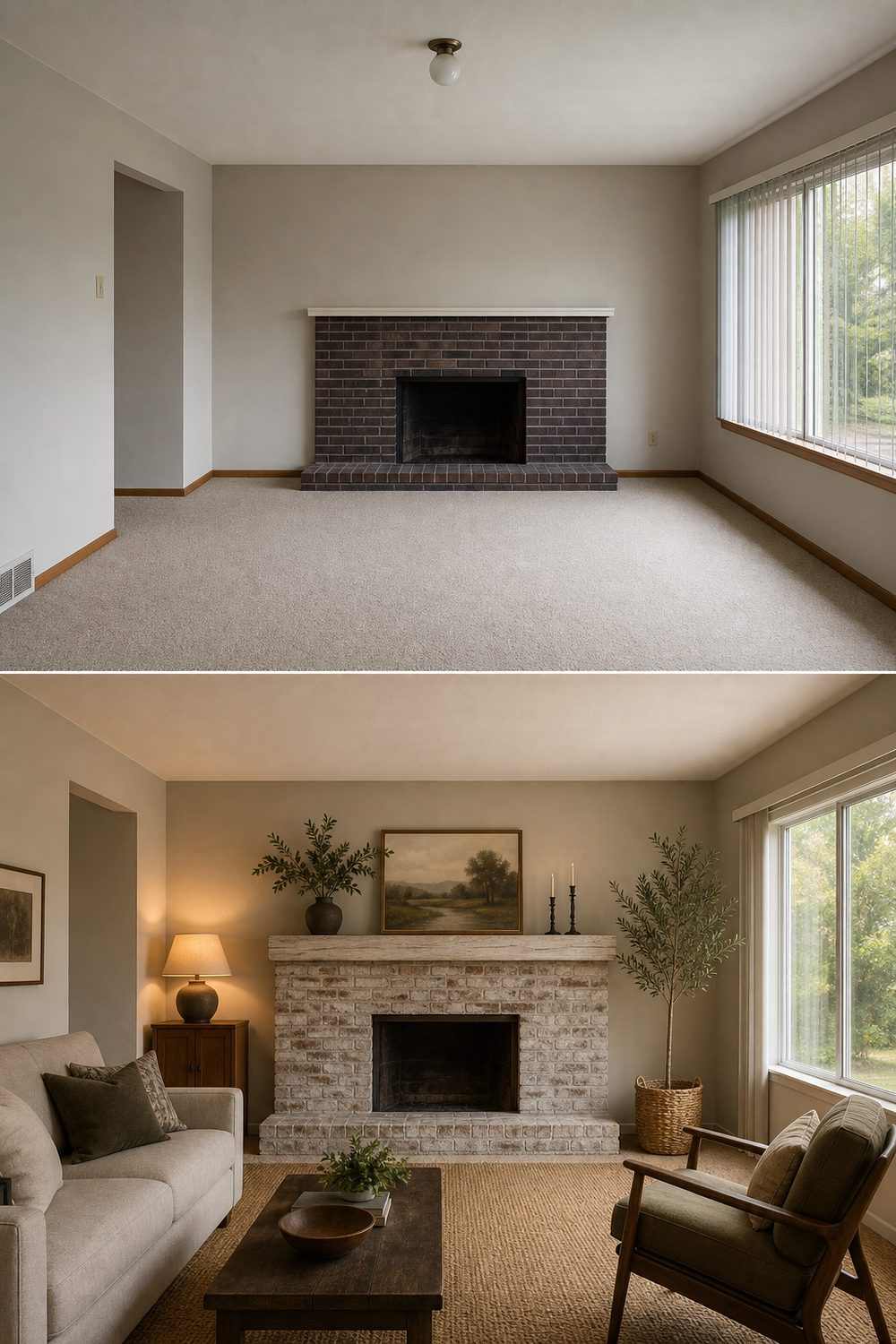 Before and after of a German smear mortar wash fireplace with troweled mortar over dark brick