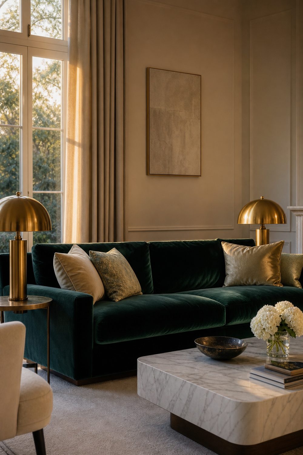 Glam IKEA living room with an emerald velvet sofa, marble-look coffee table, and a pair of brass table lamps