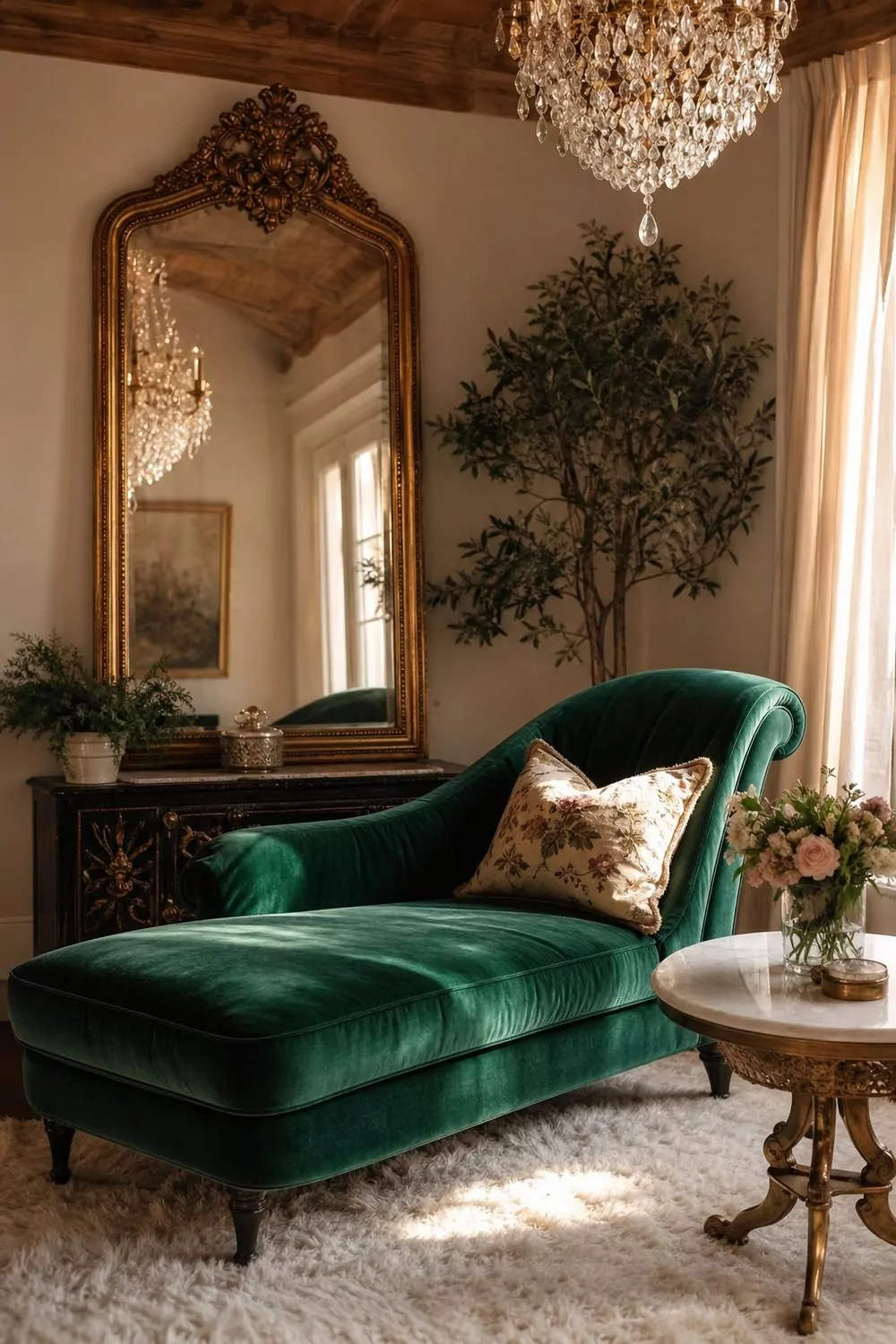 Glam luxury she shed with an emerald velvet chaise, a crystal chandelier, a gilded mirror, a plush rug, and a marble-topped table